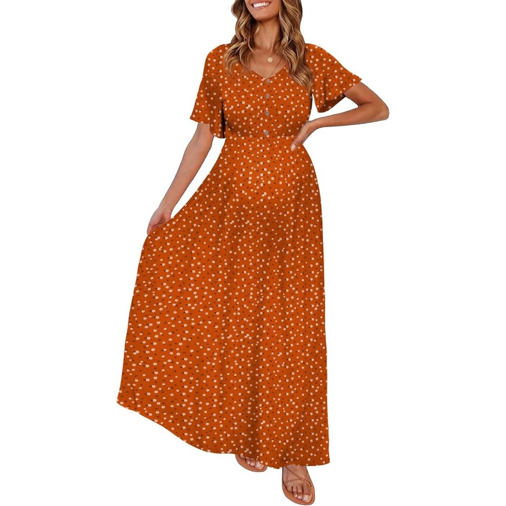 Long Sleeve Maternity Photoshoot Dress With Decorative Buttons - Orange Dot
